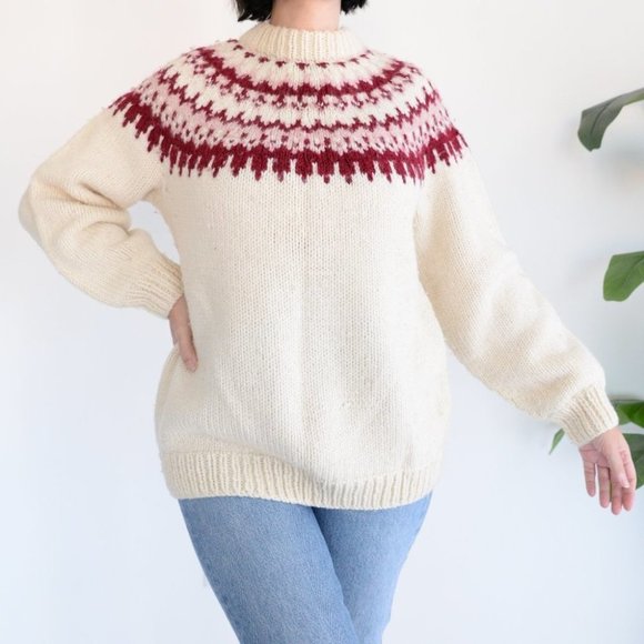 Cream Chunky Oversized Knit Cowichan Fair Isle Icelandic Fisherman  Cabincore - Picture 1 of 13